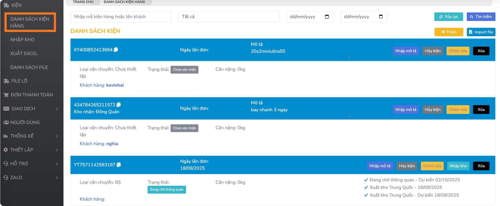 Danh sách kiện hàng