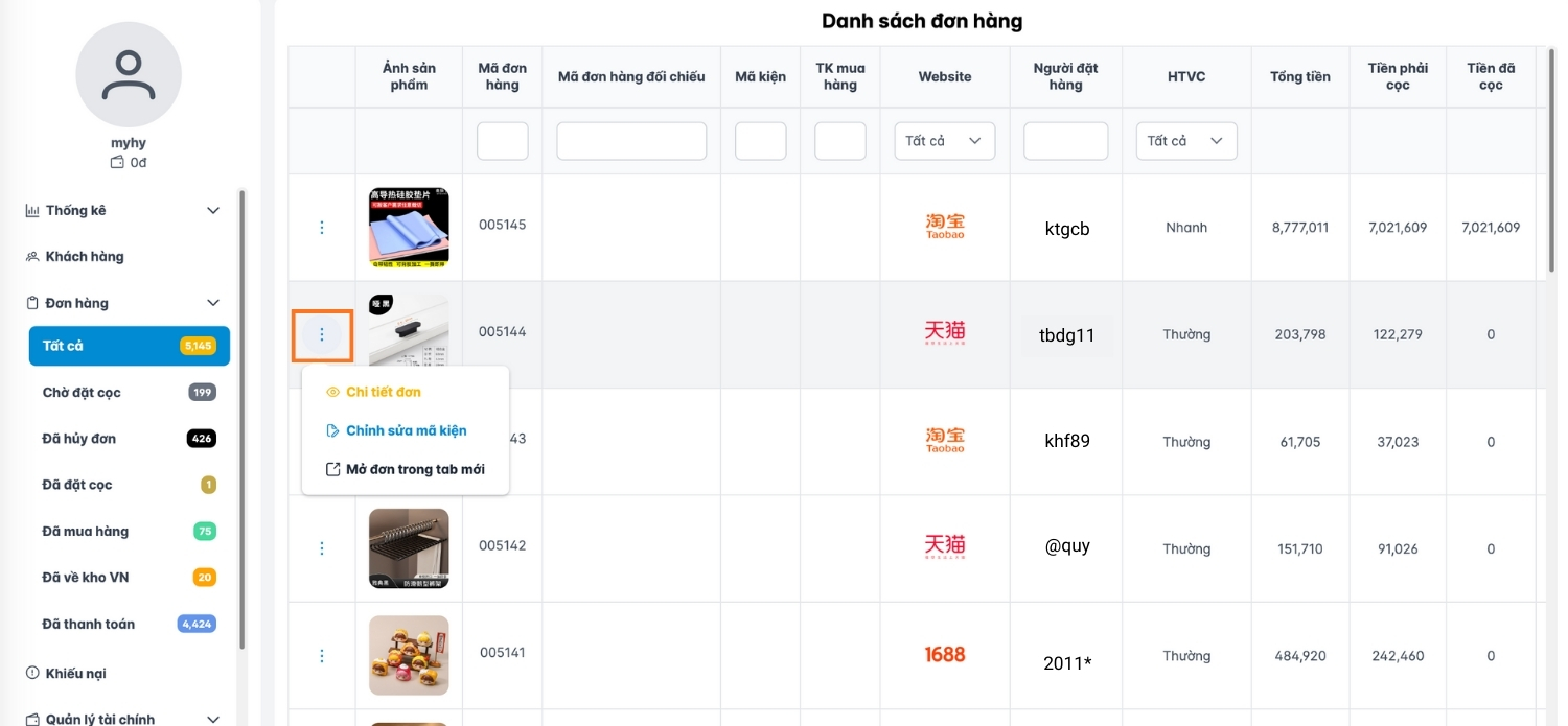 danh sách đơn hàng