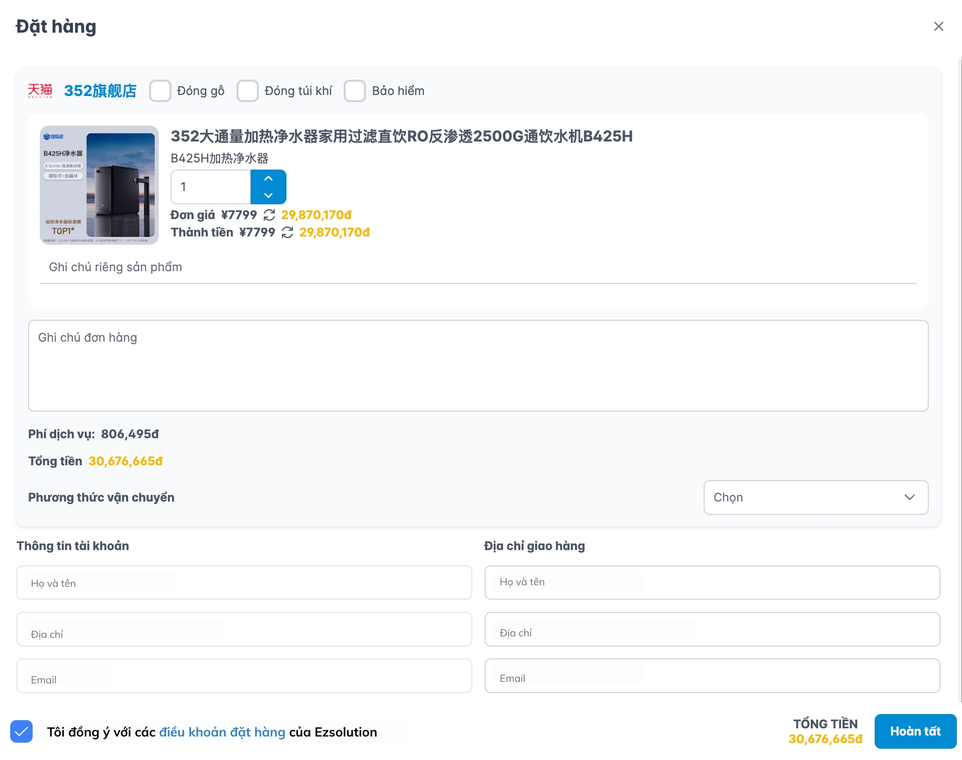 Thông tin đặt hàng